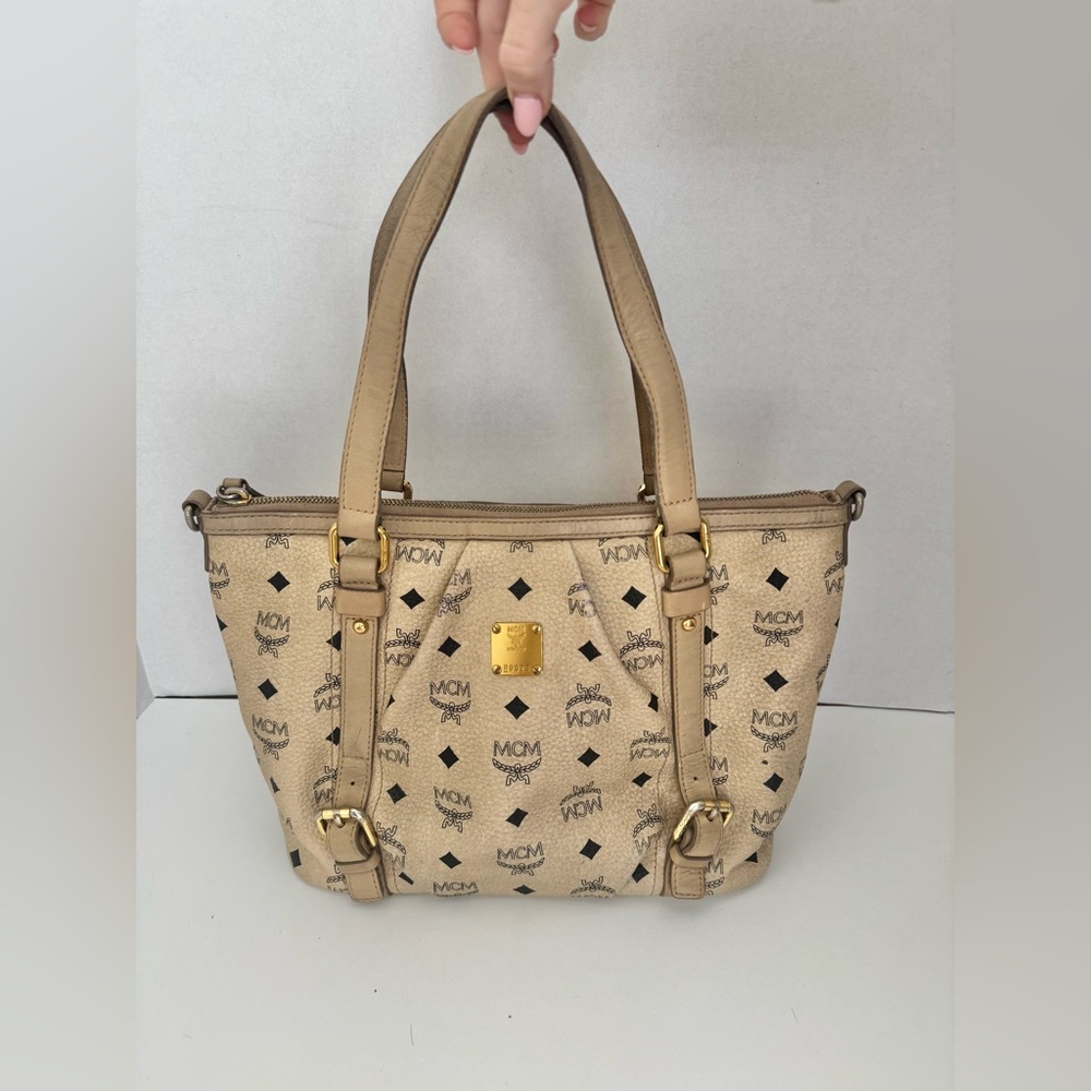 Vintage Authentic MCM All-Leather Visetos Tote – Beige Monogram – Missing Sling